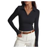 Prettywear Womens Long Sleeve Polo Shirts Business Casual Work Tops Blouse Fitted Collared V Neck Shirt 2025 Fall Clothes Black, L