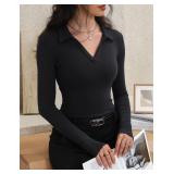Prettywear Womens Long Sleeve Polo Shirts Business Casual Work Tops Blouse Fitted Collared V Neck Shirt 2025 Fall Clothes Black, L