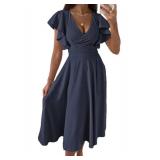 Dokotoo Cocktail Dresses for Women Wedding Guest Midi 2024 Flowy Cocktail Long Dresses Navy Blue XL