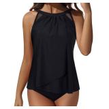 SUUKSESS Women Slimming Tummy Control Tankini Bathing Suits Ruffle High Waisted High Neck 2 Piece Swimsuits(Black,XXL)