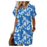 HOTOUCH Woemns Casual Loose Summer Dress Beach Button Down Short Sleeve Vacation Dress Fashion Shift Dresses Blue Leaves L