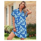 HOTOUCH Woemns Casual Loose Summer Dress Beach Button Down Short Sleeve Vacation Dress Fashion Shift Dresses Blue Leaves L