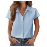 Zeagoo Cap Sleeve Tops for Women Button Up V Neck Blouses Short Sleeve Wrinkle Free Loose Shirts Business Casual Travel Tops Light Blue, M
