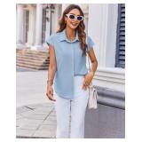 Zeagoo Cap Sleeve Tops for Women Button Up V Neck Blouses Short Sleeve Wrinkle Free Loose Shirts Business Casual Travel Tops Light Blue, M