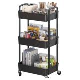Sywhitta 3-Tier Plastic Rolling Utility Cart with Handle, Multi-Functional Storage Trolley for Office, Living Room, Kitchen, Movable Storage Organizer with Wheels, Black