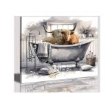 Highland Cow Wall Art in Bathtub Canvas Print  Black and White Photo Bubble Funny Cattle Pictures Animal Painting Farmhouse Artwork for Wall