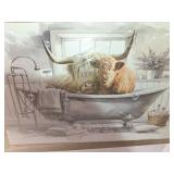 Highland Cow Wall Art in Bathtub Canvas Print  Black and White Photo Bubble Funny Cattle Pictures Animal Painting Farmhouse Artwork for Wall