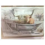 Highland Cow Wall Art in Bathtub Canvas Print  Black and White Photo Bubble Funny Cattle Pictures Animal Painting Farmhouse Artwork for Wall