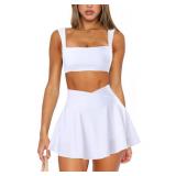 OZICERD Two Piece Tennis Skirt Sets for Women 2 Piece Mini Skirt Set Going Out Golf Skort Athletic Skirts Pickleball Outfit White,S