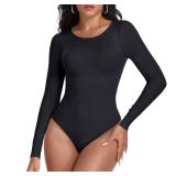 EUYZOU Women Tummy Control Shapewear Bodysuit Long Sleeve Round Neck Body Shaper Seamless Compression Bodysuit, Black XL/XXL