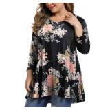 MONNURO Womens Plus Size 3/4 Sleeve V Neck Button Casual Loose Flowy Swing Tunic Tops Basic Tee Shirts for Leggings(Pink Flower Black,4X) - Retail: $16