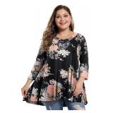 MONNURO Womens Plus Size 3/4 Sleeve V Neck Button Casual Loose Flowy Swing Tunic Tops Basic Tee Shirts for Leggings(Pink Flower Black,4X) - Retail: $16