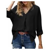 Dokotoo Womens Ladies Summer Casual Office V Neck Chiffon Cuffed 3/4 Sleeve Solid Tunic Tops and Blouses for Work Loose Fitting Shirts for Women 2025 Black US 12 14Lg