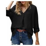 Dokotoo Womens Ladies Summer Casual Office V Neck Chiffon Cuffed 3/4 Sleeve Solid Tunic Tops and Blouses for Work Loose Fitting Shirts for Women 2025 Black US 12 14Lg