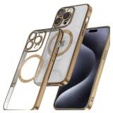 KSWOUS Magnetic Clear for iPhone 15 Pro Case [Compatible with MagSafe] [Full Camera Lens Protection] Luxury Plating Women Girls Men Cover Shockproof Protective Phone Case for iPhone 15 Pro Gold