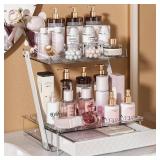 NEATORA Z-Shaped Bathroom Countertop Organizer 2-Tier Vanity Organizer with Sliding Tray & Drawer for Skincare, Makeup & Perfume Acrylic Storage for Dresser, Office or Desk - Retail: $33