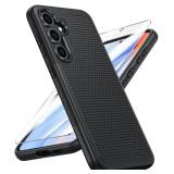 FNTCASE for Samsung Galaxy S24-FE Case: Dual Layer Protective Heavy Duty Cell Phone Cover | Shockproof Rugged with Non-Slip Textured | Military Grade Drop Protection Bumper Tough (Black) - Retail: $10