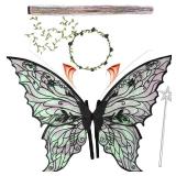 Fairy Wings for Adults and Girls Fairy Costume Set with Floral Garland, Fairy Hair Tinsel, Wand & Elf Ears 29"x21" Organza Butterfly Wings Ideal for Cosplay, Party, Black - Retail: $16