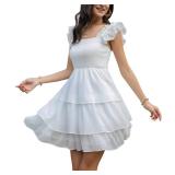 Byinns Womens Square Neck Sleeveless Ruffle Dress Backless Tiered Smocked Strappy Casual Short Mini Dresses White Size Large - Retail: $42