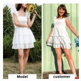 Byinns Womens Square Neck Sleeveless Ruffle Dress Backless Tiered Smocked Strappy Casual Short Mini Dresses White Size Large - Retail: $42