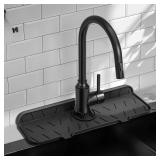 Meiliweser Silicone Faucet Splash Guard Gen 2 - Outlet & Slope Upgraded Faucet Water Catcher Mat - 15 x 5.5 - Sink Sponge Holder for Kitchen, Bathroom(Black)