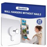 Picture Hangers Without Nails, Nail Free Wall Hangers,20 Counts Adhesive Wall Hooks for Hanging with Waterproof and Oilproof,13 lbs Load Max