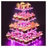 Cupcake Stand Premium Cupcake Holder Cady Bar Party Decor 4 Tier Acrylic Tower Display for Pastry + LED Light String Ideal for Weddings, Birthday (Pink Light)