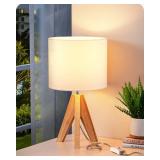 EDISHINE Small Cute Table Lamp, Wood Tripod Nightstand Lamp, Mid Century Bedside Lamp with Linen Fabric Shade for Nursery, Living Room, Bedroom, End Table, UL Listed, 14.2 Inch, ONOff Switch - Retail: