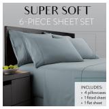 Danjor Linens Bed Sheet Set Cal King for Hot Sleepers, Hotel Premium Sheets with 4 Pillowcases, Lightweight Brushed Microfiber Deep Pockets, Breathable Cooling 6 Piece Bedding Sets, Spa Blue - Retail: