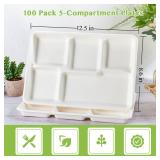 ECOLipak 100percent Compostable 5 Compartment Plates, 100 Pack Disposable Compartment Paper Plates, 12.5 * 8.6 inch Biodegradable Sugarcane Plates, Eco-Friendly School Lunch Trays - Retail: $34
