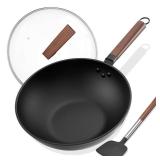 Todlabe Carbon Steel Wok - Including Glass Cover and Silicone Spatula, 13-Inch Woks and Stir-Fry Pans for Induction, Electric, Gas Stoves - Retail: $36