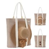 Large Beach Tote Bag with Zipper - Travel Tote for Women with Sun Hat Holder Strap - Vacation Beach Bag, Boho Summer Sand Tote with Secure Hat Carrier, Khaki - Retail: $30