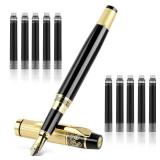 Andibro Metal Fountain Pens, With 10 Black Ink 2.6mm Cartridges, 0.5mm Luxury Fine Point Fountain Pen Business Pen Smooth Writing Stainless Steel Pen Calligraphy Pen for Office School Supplies(Black) 