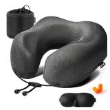 MLVOC Travel Pillow 100percent Pure Memory Foam Neck Pillow, Comfortable and Breathable Cover, Machine Washable, Airplane Travel Kit with 3D Contoured Eye Masks, Earplugs, and Luxury Bag, Standard (Bl