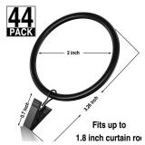 44Pack Curtain Rings with Clips Hooks, Rustproof Metal Stainless Steel Drapery Rings, 2in Interior Diameter Curtain Hangers Clips, Fits Diameter 1.8 in Rod, Vintage Black - Retail: $16