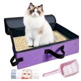 Upgraded Portable Cat Travel Litter Box with Zipped Lid and 10 Liners, Leak-Proof and Foldable Travel Cat Litter Box for Hotels, Car, and Camping, Odor-Free and Waterproof, 20x14x6.5 Inches (Purple) -