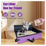 Upgraded Portable Cat Travel Litter Box with Zipped Lid and 10 Liners, Leak-Proof and Foldable Travel Cat Litter Box for Hotels, Car, and Camping, Odor-Free and Waterproof, 20x14x6.5 Inches (Purple) -
