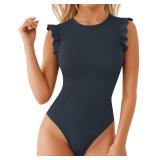 MANGOPOP Womenfts Body Suits Cute Crew Neck Ruffle Sleeveless Slim Fit Bodysuit Tank Tops Tight Casual Sexy, Deep Blue, X-Large - Retail: $20