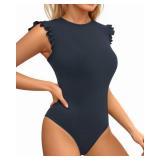 MANGOPOP Womenfts Body Suits Cute Crew Neck Ruffle Sleeveless Slim Fit Bodysuit Tank Tops Tight Casual Sexy, Deep Blue, X-Large - Retail: $20