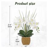 Hollyone 21.6\ White Orchid Artificial Flowers Fake Orchid in Rattan Woven Vase Faux Orchids Phalaenopsis Arrangement in Pot for Office Table Centerpiece Shelf Wedding Indoor Outdoor Home Decor - Reta