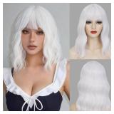 White Bob Wig with Bangs Short Wavy Wig for Women Loose Wavy Shoulder Length Colorful Synthetic Wig for Girl Cosplay Costume Wigs - Retail: $26