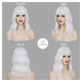 White Bob Wig with Bangs Short Wavy Wig for Women Loose Wavy Shoulder Length Colorful Synthetic Wig for Girl Cosplay Costume Wigs - Retail: $26