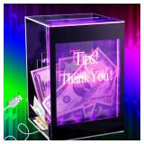 Light Up Acrylic Donation Ballot Box - 20 Colors Changing Tip Jar for Money with Re-mote, Lock, Key and Sign Holder- Raffle Suggestion Comment Vote Ticket Tip Box for Bartender Restaurant Band (USB) -