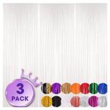 Voircoloria 3 Pack 3.3x8.2 Feet White Foil Fringe Backdrop Curtains, Tinsel Streamers Birthday Party Decorations, Fringe Backdrop for Graduation, Baby Shower, Gender Reveal, Disco Party - Retail: $8