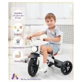 KRIDDO Kids Tricycle, 12 Inch Puncture Free Wheel w Front Light, Adjustable Seat Height, Gift for 2-5 Year Olds, White - Retail: $81