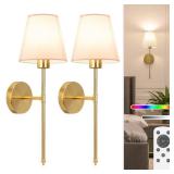 NIORSUN 19.9 inch Battery Operated Wall Sconce Set of 2,Gold Rechargeable Wall Lights with 5200mAh Dimmable Detachable Bulbs and Remote,10 Colors Wireless Sconces for Bedroom Living Room Hallway - Ret
