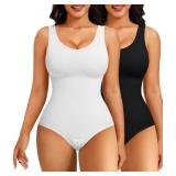 Nebility 2 Piece Shapewear Bodysuit for Women Tummy Control Slim Fit Sleeveless Round Neck Body Suit(BlackWhite 2pk,Medium-Large) - Retail: $28