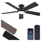 52 Inch Black Flush Mount Ceiling Fan with Dimmable LED Light, RemoteAPP Control, Reversible DC Motor, Low Profile for Modern Indoor and Outdoor Patios - Retail: $69