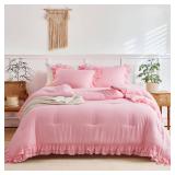 Pink Ruffled Comforter Set Twin Size, 3 Pieces (1 Ruffled Comforter and 2 Pillowcases) Farmhouse Shabby Chic Style with 2 Layers Ruffle, Solid Color Lightweight Soft Fluffy Bedding Sets for Girls - Re