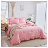 Pink Ruffled Comforter Set Twin Size, 3 Pieces (1 Ruffled Comforter and 2 Pillowcases) Farmhouse Shabby Chic Style with 2 Layers Ruffle, Solid Color Lightweight Soft Fluffy Bedding Sets for Girls - Re